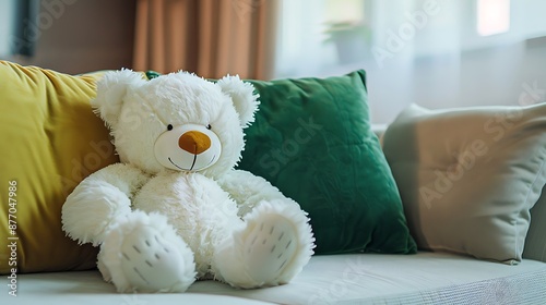 Smilely white teddy bear sit on sofa and lay on green pillow photo