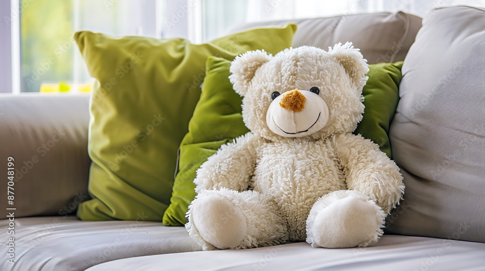 Fototapeta premium Smilely white teddy bear sit on sofa and lay on green pillow