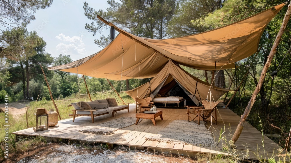 Fototapeta premium Tranquil glamping site with elegant tents in the heart of nature