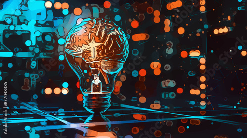 A series of images depicting a glowing brain inside a lightbulb, symbolizing the fusion of creativity, technology, and innovation in a futuristic digital landscape.