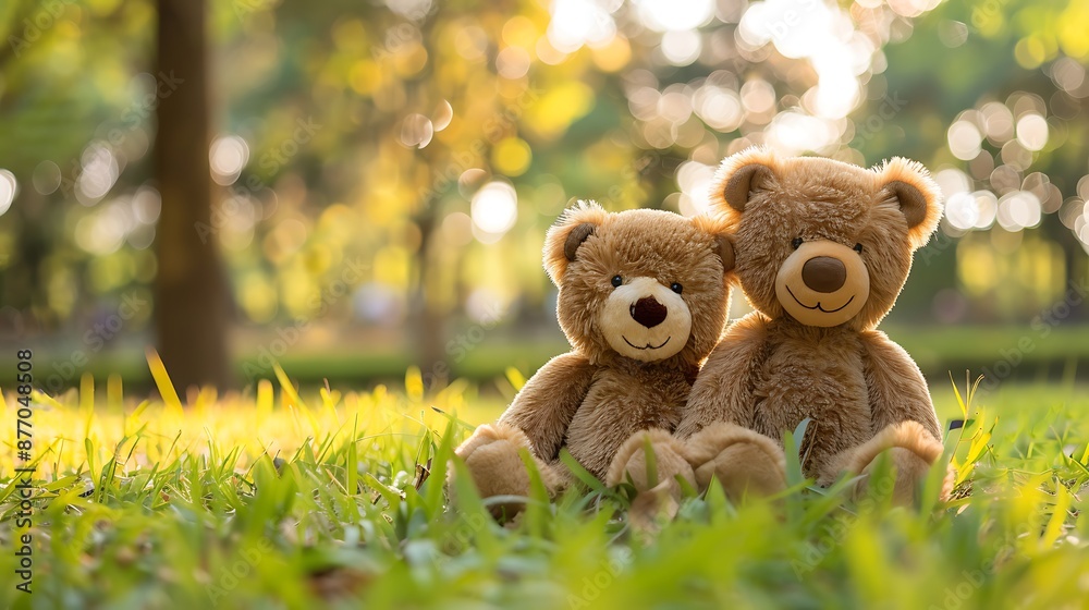 Smiling Teddy bear best friends toy for kids panoramic fluffy brown teddy bear happy in green park Smiling Teddy bear best friends toy for kids panoramic fluffy brown teddy bear happy in green park