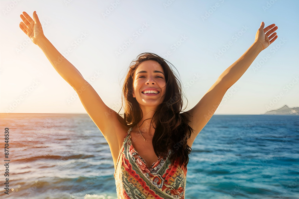 Smiling woman embracing freedom in a colorful summer portrait by the ocean Smiling woman embracing freedom in a colorful summer portrait by the ocean
