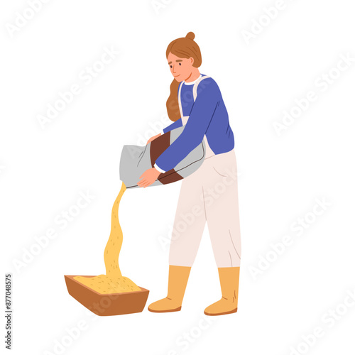 Female farmer pouring grain into wooden trough. Woman holding bag of cereal, feeding with seeds, kernels food. Farm worker, agriculture work. Flat vector illustration isolated on white background