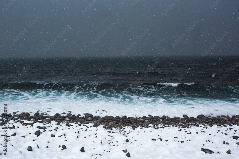 Kola Peninsula winter landscape. Russia. Snow storm near New Teriberka, Barents Sea bay. Kola Peninsula winter landscape. Russia. Snow storm near New Teriberka, Barents Sea bay.