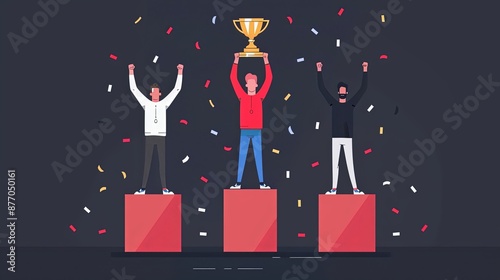 flat illustration design of three people lifting trophy champions at the podium