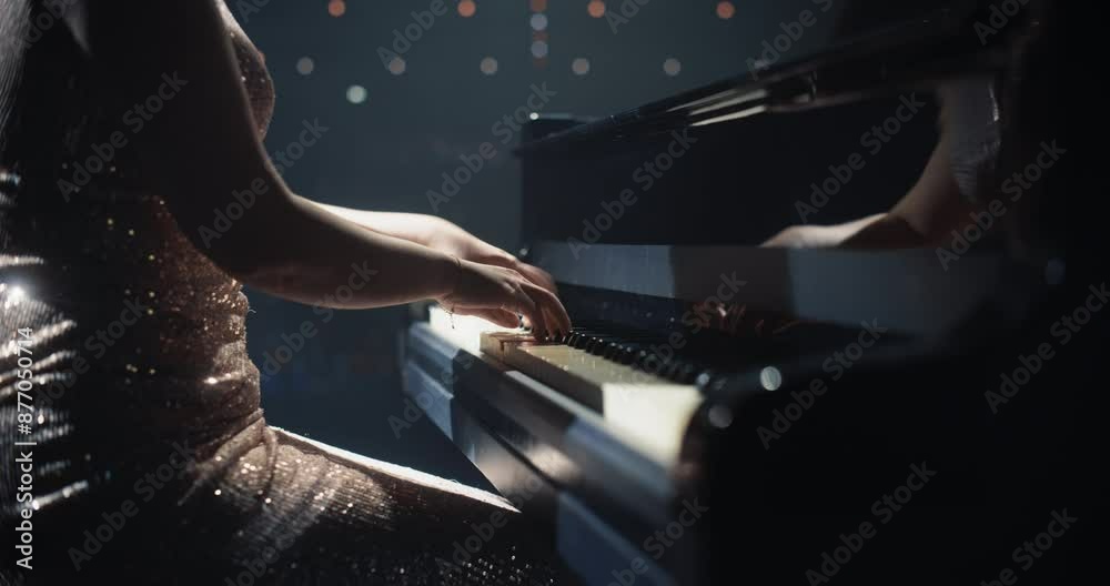 Close Up on Hands of a Talented Anonymous Pianist Making a Masterful Performance on a Grand Piano. Under Soft Stage Lights, Female Fingers Move Across the Keys, Creating Beautiful Classical Music Close Up on Hands of a Talented Anonymous Pianist Making a Masterful Performance on a Grand Piano. Under Soft Stage Lights, Female Fingers Move Across the Keys, Creating Beautiful Classical Music