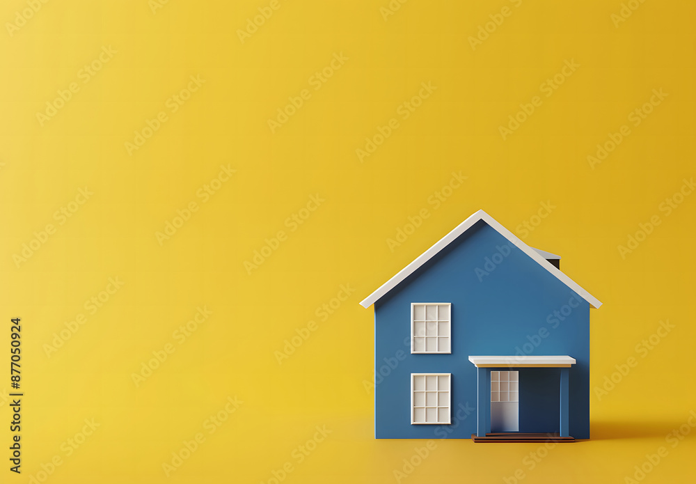 Blue-colored miniature houses on a yellow background. Concept of investing in real estate. Searching new house for purchase design Blue-colored miniature houses on a yellow background. Concept of investing in real estate. Searching new house for purchase design