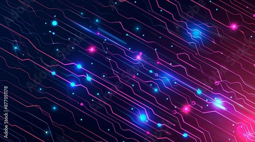 A colorful, abstract image of a computer circuit board with blue and pink lines