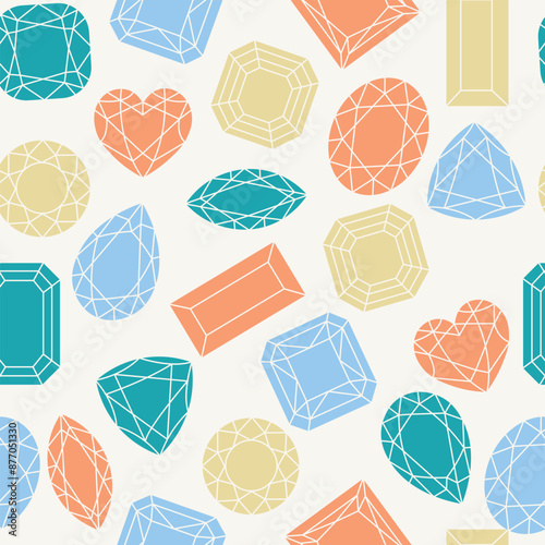 Colored flat style diamond background. Precious stones and diamonds, jewelry gems seamless pattern. Different cut shapes - cushion, radiant, princess, usher, emerald, heart, marquise, pear.