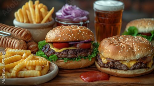 Various of american food, French fries, hamburgers, nuggets, hotdog, chips, , sauces , top view.  © Cristina