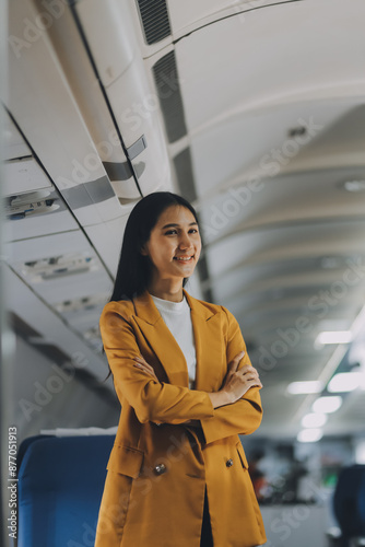 Airplane, travel and portrait of woman with journey and backpack.