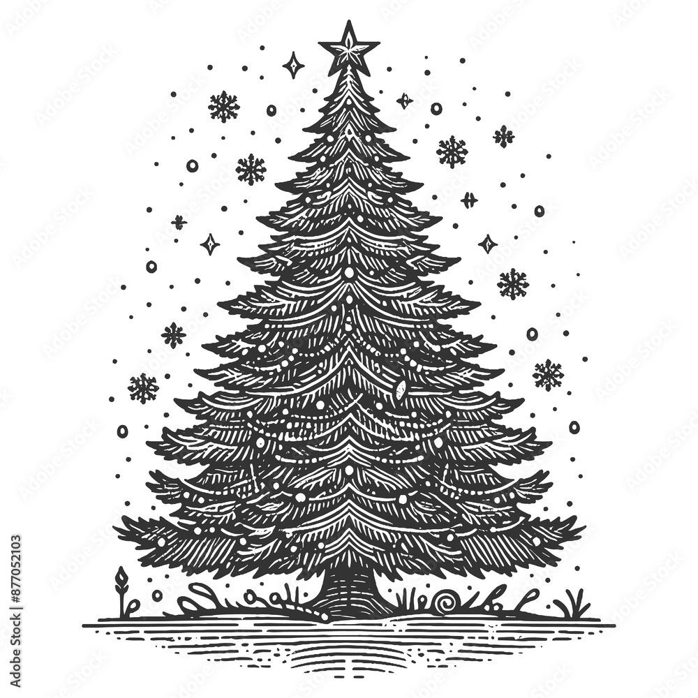 Obraz premium decorated Christmas tree with a star on top, surrounded by falling snowflakes, festive vintage feel sketch engraving generative ai raster illustration. Scratch board imitation. Black and white image.