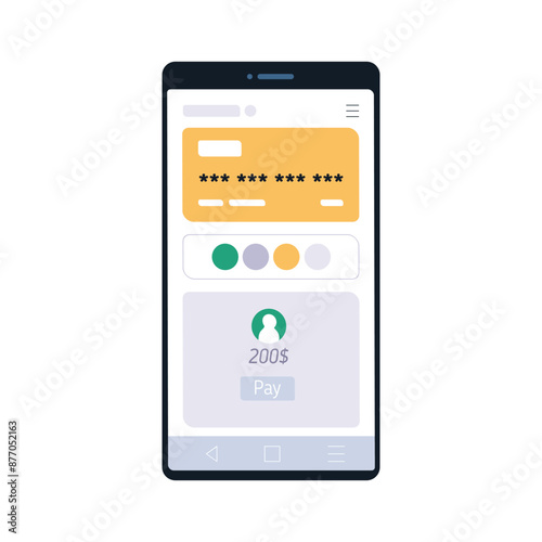 Bank app on mobile phone screen. Online payment and money transaction. Paying from financial account on smartphone. Digital electronic finance. Flat vector illustration isolated on white background