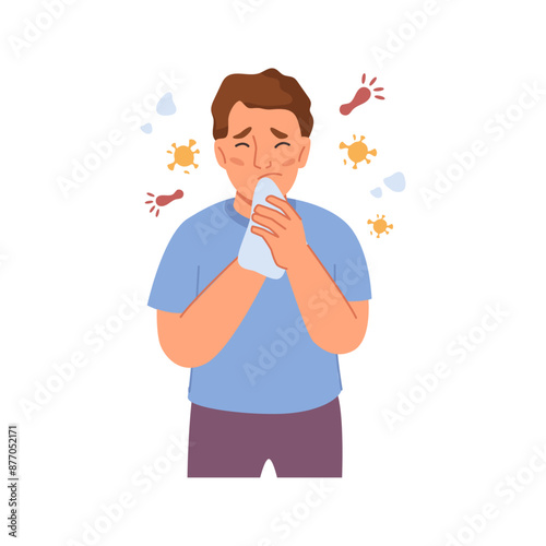 Boy having flu coughing child with influenza virus, flat cartoon vector illustration. Kid with headache and napkin. Young man having cold, seasonal flu. Man with sick symptoms feeling unwell