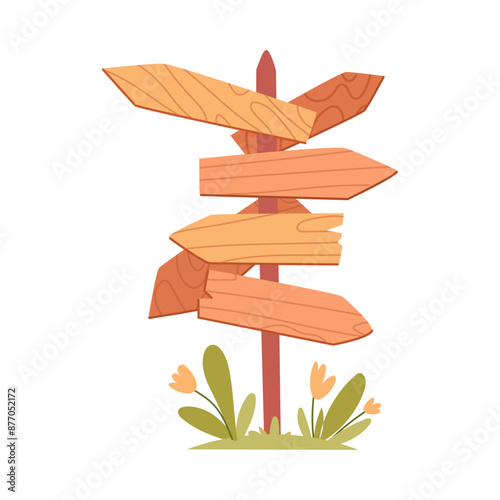Set of signs in different directions, path choice concept. Vector illustration road pointers wooden boards, dilemma in choosing right way. Empty information board, travel roadsign with green grass