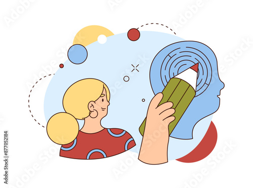 Mental wellbeing and healthcare, art therapy session with psychologist. Vector flat cartoon character drawing and begin to understand oneself. Psychology and self cognition