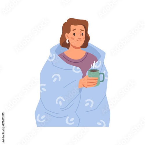 Woman with fever drinking hot drink, cold symptoms, sick patient with cup of streaming medical beverage, adult female in blanket. Virus influenza and fever, seasonal flu and illness diseases