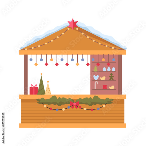 Market stall decorated for Christmas with garlands. Vector illustration of souvenir booth for shopping, facade for marketplace store, small shop with candies and gifts, New Year balloons