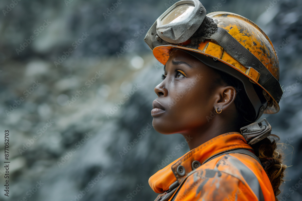 Female worker with helmet and goggles overseeing a coal mine operation Female worker with helmet and goggles overseeing a coal mine operation