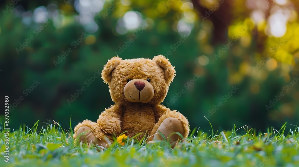 Teddy bear sitting on the grass concept about love and waiting for someone Teddy bear sitting on the grass concept about love and waiting for someone
