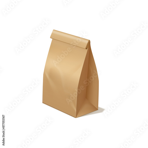 Brown paper lunch bag vector 3D mockup, ecological packet, realistic close kraft bag package design for takeaway product