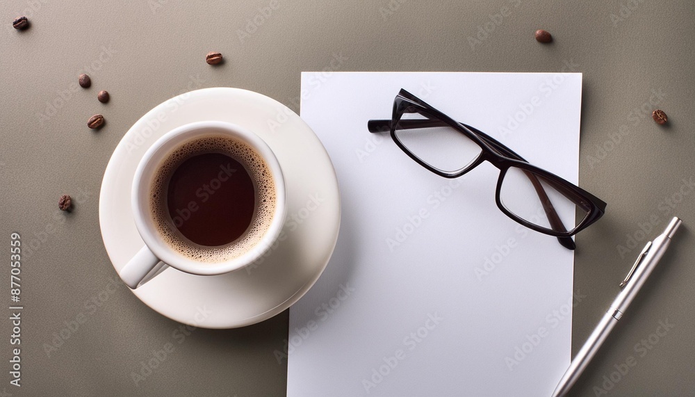 Top view of a blank white paper sheet with a cup of coffee and reading glasses. Top view of a blank white paper sheet with a cup of coffee and reading glasses.