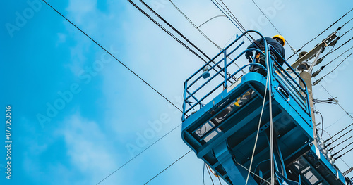 Sleek blue lifting platform in the air, high above ground level on top of an electric vehicle with power lines and wires, a person working from its bucket climbing up to fix something