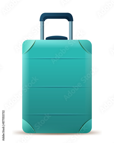 Turquoise suitcase with extended handle travel luggage modern design isolated on white background