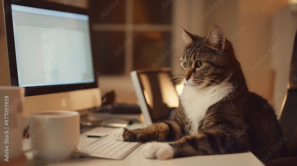 The cat businessman works on his computer at the table in the office The cat businessman works on his computer at the table in the office
