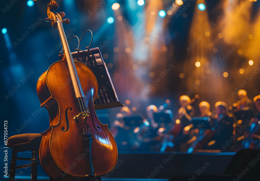 Fototapeta premium Collection of musical instruments, including double basses and guitars. Orchestra ready for performance on stage under dramatic lighting design