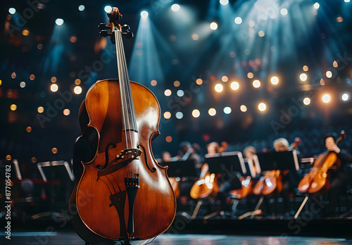 Collection of musical instruments, including double basses and guitars. Orchestra ready for performance on stage under dramatic lighting design