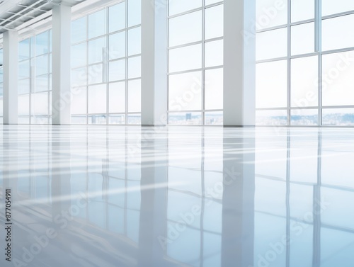 Spacious white office with large windows and shiny floor