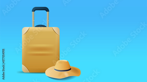 Travel suitcase straw hat blue background vacation concept