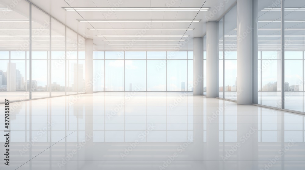 Spacious white office with large windows and shiny floor Spacious white office with large windows and shiny floor