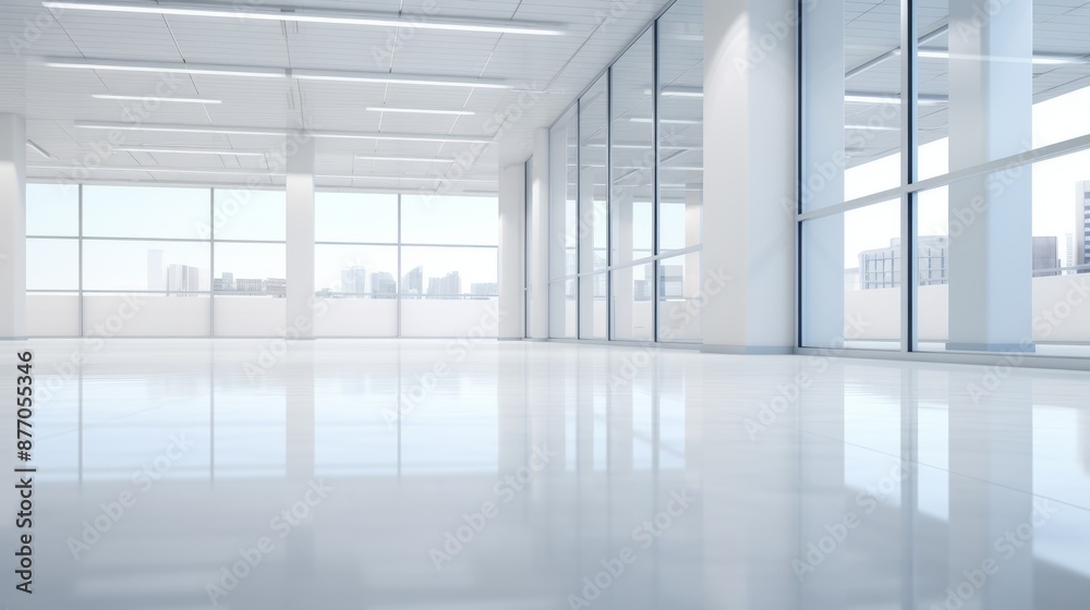 Spacious white office with large windows and shiny floor Spacious white office with large windows and shiny floor