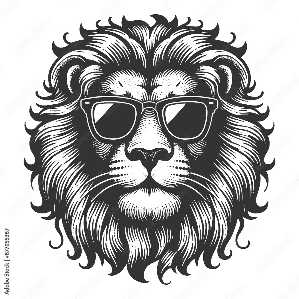Obraz premium cool lion wearing sunglasses in a detailed engraving style, symbolizing hip and trendy sketch engraving generative ai raster illustration. Scratch board imitation. Black and white image.