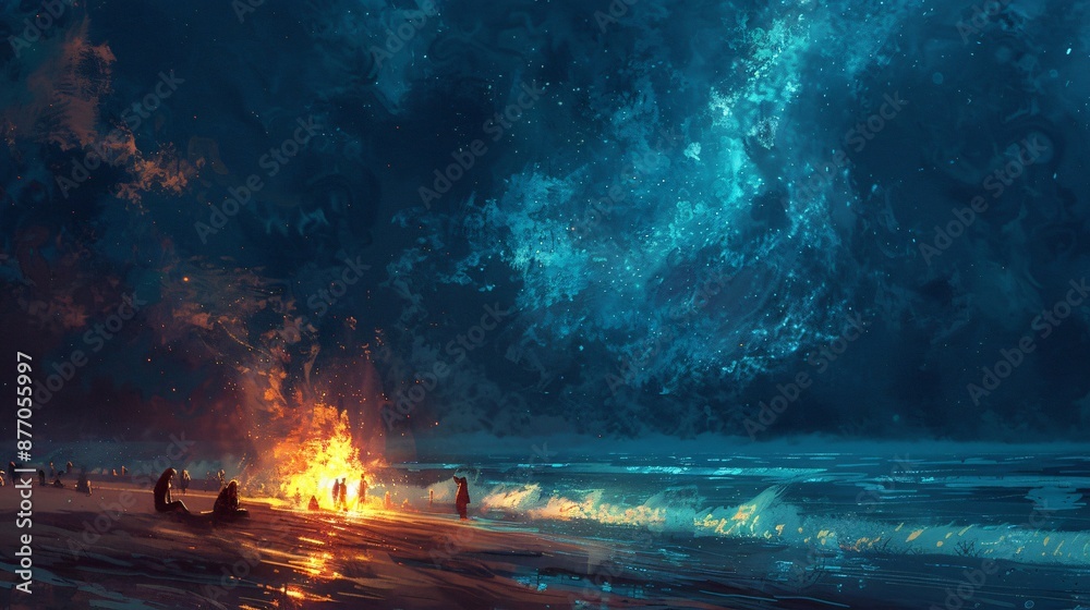 Nighttime beach scene with a bonfire people gathered around and the sound of waves crashing in the background Nighttime beach scene with a bonfire people gathered around and the sound of waves crashing in the background