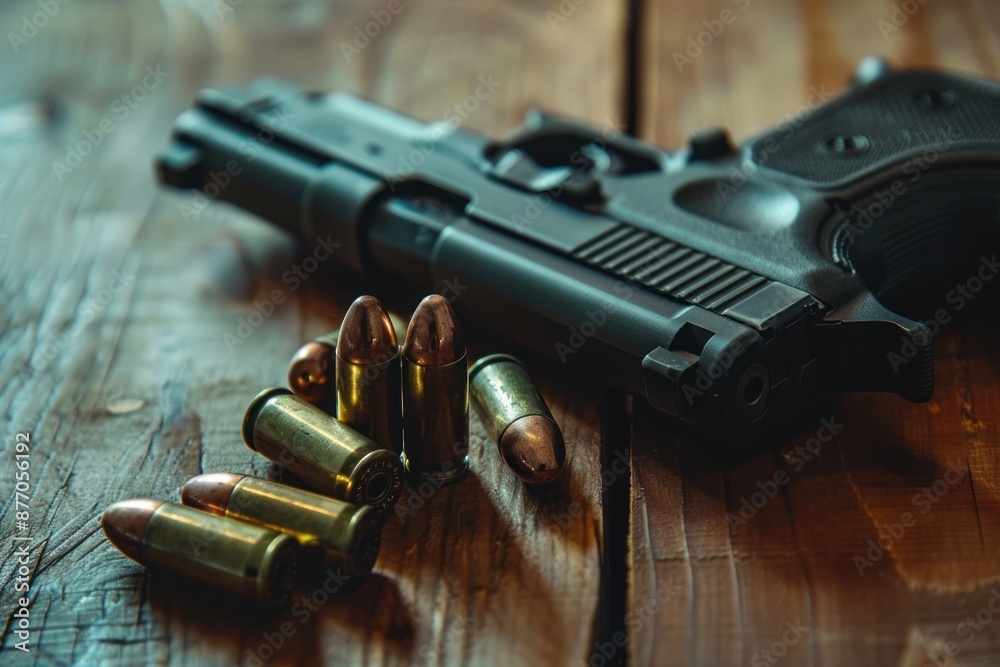 Obraz premium Gun and ammunition on wooden desk