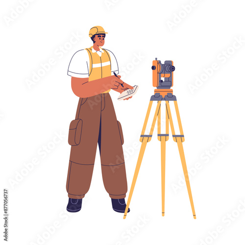 Surveyor with theodolite on tripod. Surveying engineer, topography measurement and geodesy work. Professional with measuring equipment, tool. Flat vector illustration isolated on white background