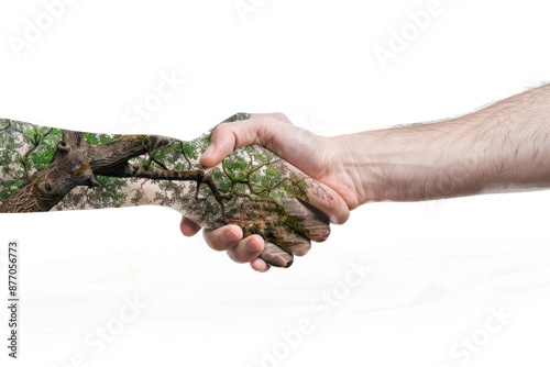 Human handshake with a nature, earth day, human stay together with nature, environment and ecology concept