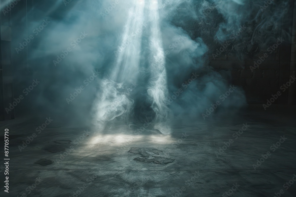 Light in the dark. Rays light on blue wall with smoke and shadow Light in the dark. Rays light on blue wall with smoke and shadow