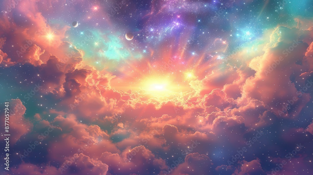 Fototapeta premium An ethereal view of a bright sunrise amid vividly colorful clouds in the cosmos, creating a serene and captivating scene that embodies the beauty of the celestial world.