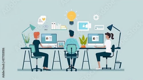 group of businessman work with computer with lamp idea symbol flat illustration design