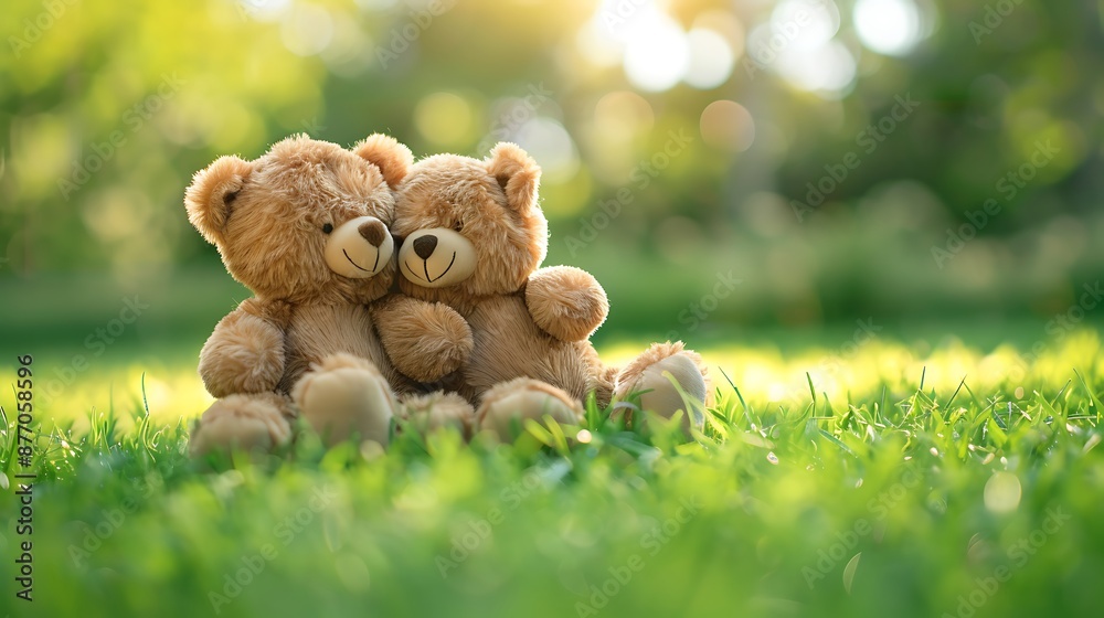 Two cute teddy bear toys hugging together on green grass in summer Two cute teddy bear toys hugging together on green grass in summer