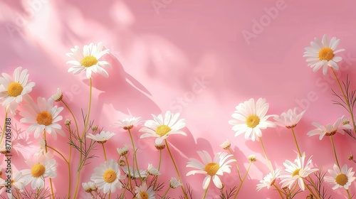 A beautiful field of white daisies against a soft pink background, capturing the essence of spring with gentle sunlight casting shadows on the petals. © Pinklife