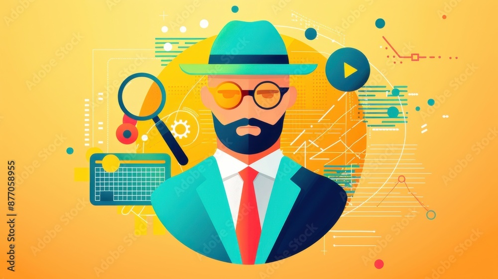 Investigation, detective with clues and magnifying glass, flat design illustration Investigation, detective with clues and magnifying glass, flat design illustration