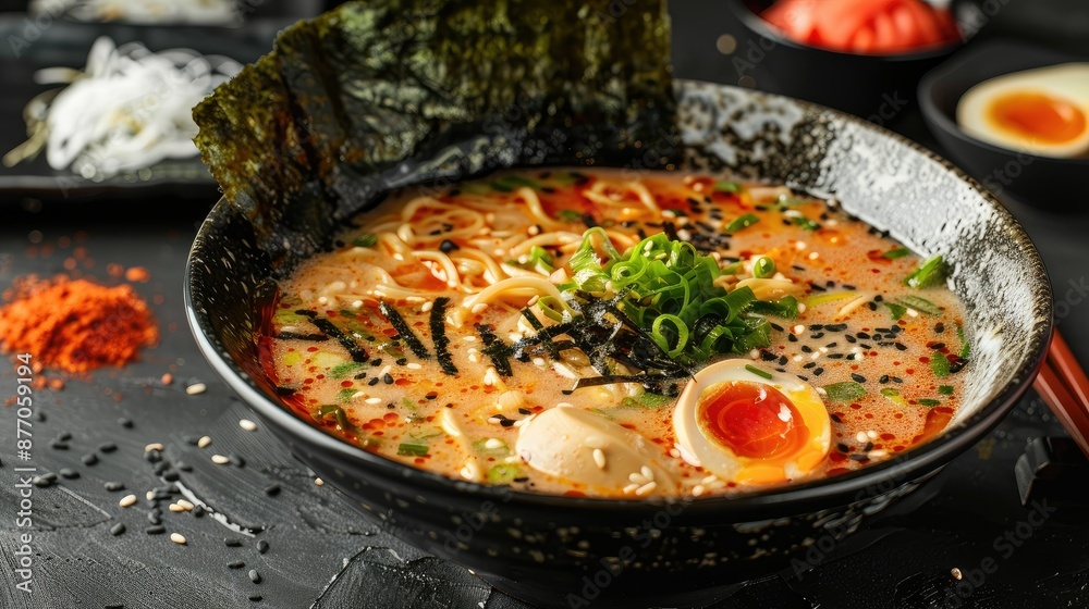 Japanese soup ramen in bowl on dark background Japanese soup ramen in bowl on dark background