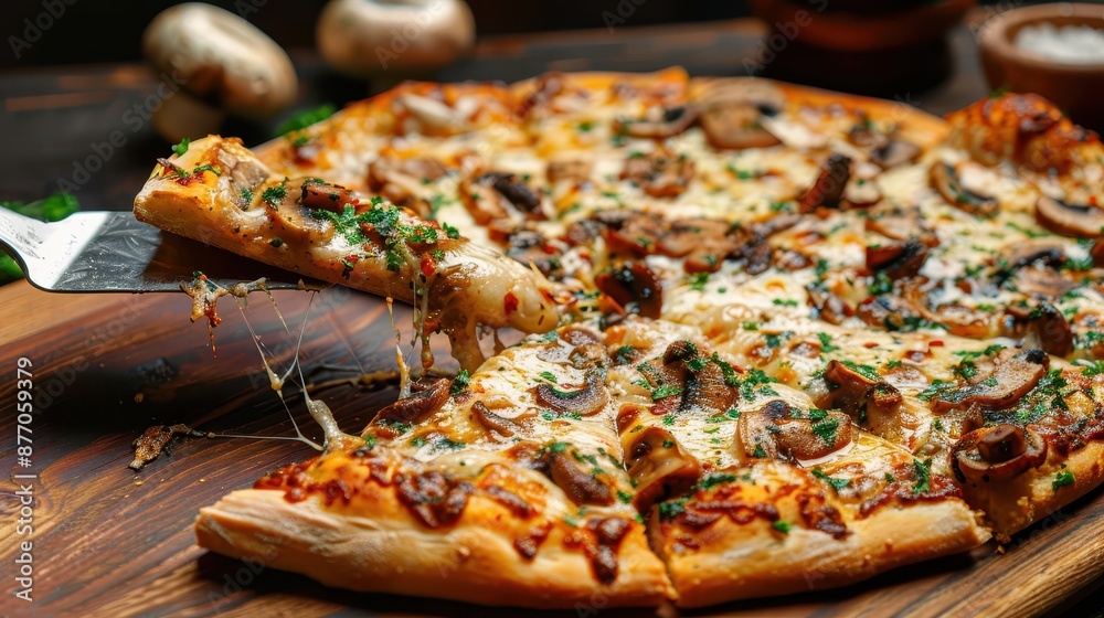 Mouth-watering mushroom pizza with melted cheese and herbs, a slice being lifted, displaying the stretch of cheese, inviting food lovers to enjoy its rich blend of flavors. Mouth-watering mushroom pizza with melted cheese and herbs, a slice being lifted, displaying the stretch of cheese, inviting food lovers to enjoy its rich blend of flavors.