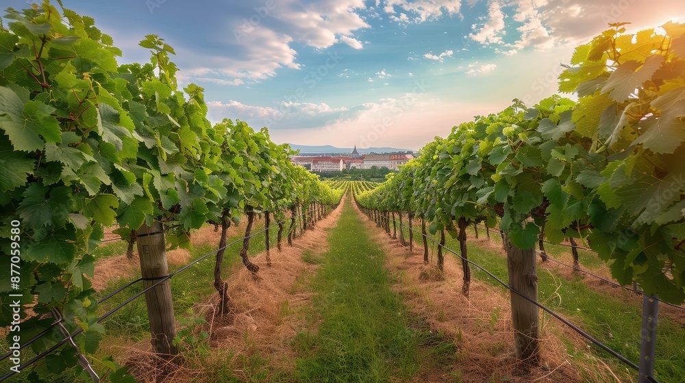 Naklejka premium An idyllic vineyard with rows of lush green vines leading towards a quaint town, bathed in soft sunlight and under a partly cloudy sky, epitomizing serenity and rural beauty.