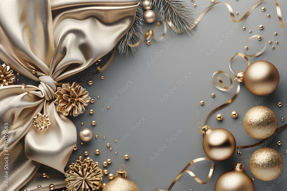 Golden Christmas ornaments and decorations on grey background and copy space. Fir tree branches. modern luxury design, for invitation cards. banners, ticket, discount, certificate Golden Christmas ornaments and decorations on grey background and copy space. Fir tree branches. modern luxury design, for invitation cards. banners, ticket, discount, certificate
